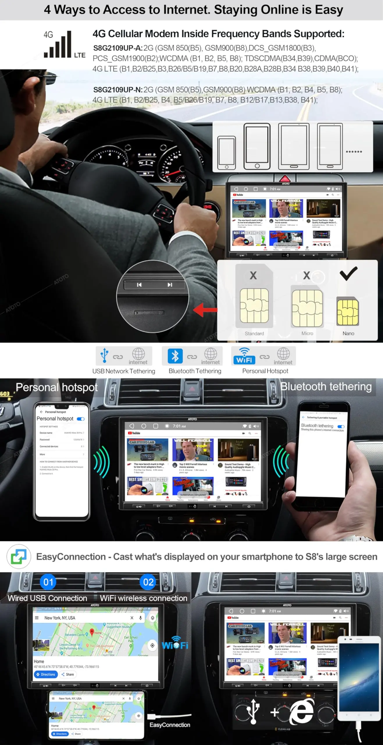 ATOTO S8G2109UP-N 10.1" QLED Car Stereo - Wireless CarPlay & Android Auto, 6GB RAM/128GB Storage, 4G LTE, Dual Bluetooth aptX HD, Virtual Surround View (VSV), Live Rear View (LRV), Gesture Control, In-Dash Multimedia Receiver - Image 3