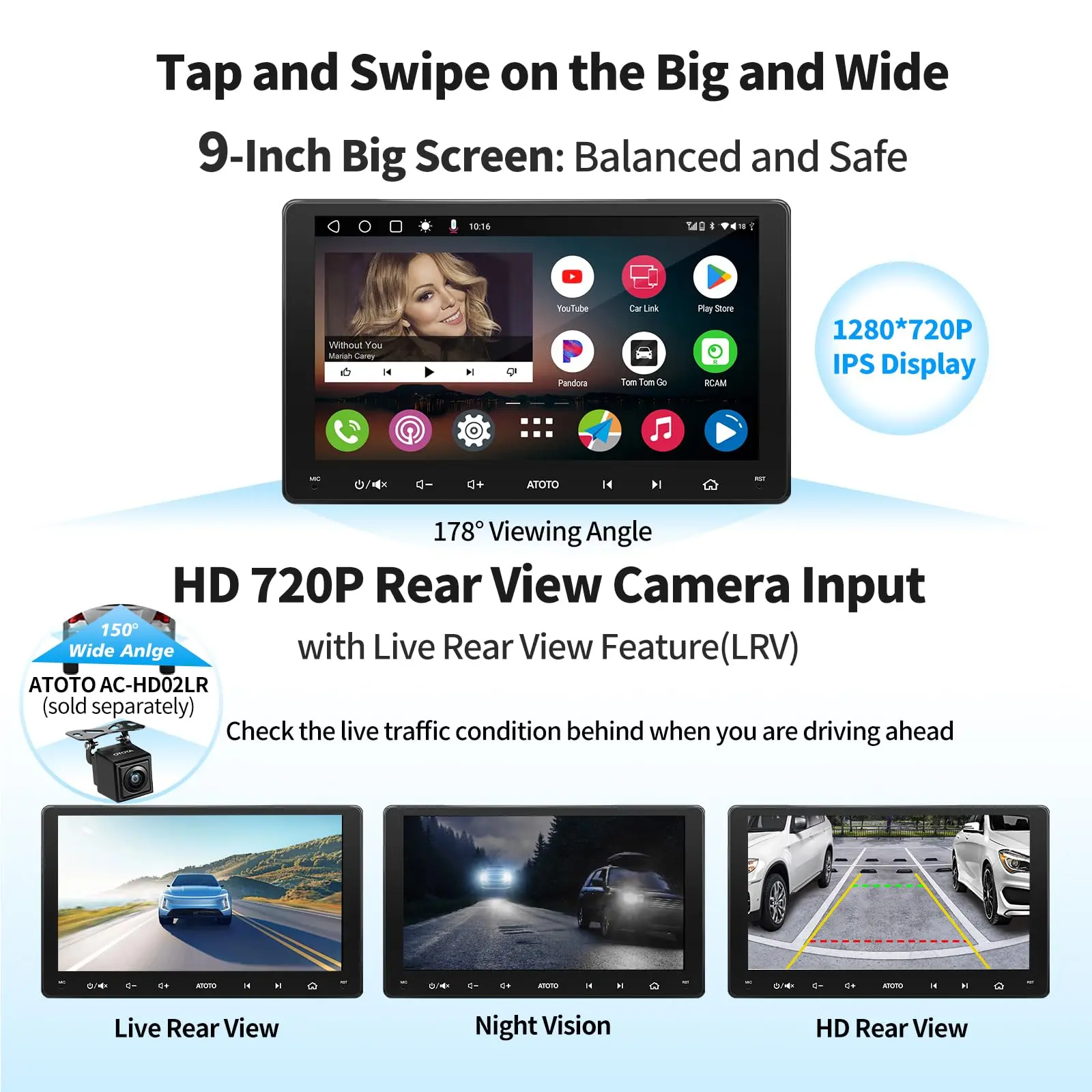 ATOTO A6G209PF 9" Double Din Car Stereo, Android, Wireless CarPlay & Android Auto, Mirror Link, GPS Tracking, In-Dash Navigation, Dual Bluetooth, HD LRV, 2G+32G - Image 3