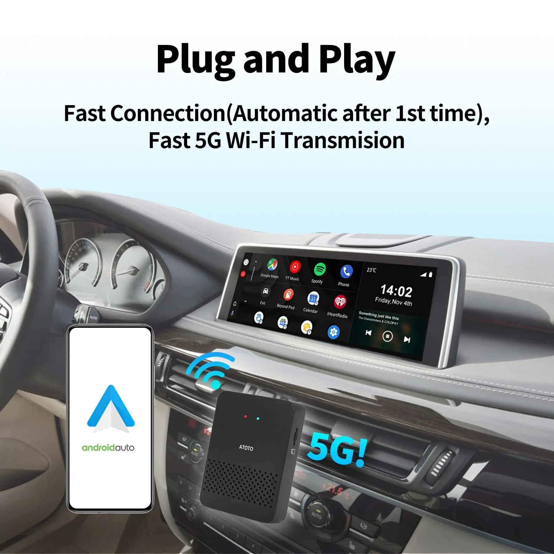 ATOTO AD3WAA-BK Wireless Android Auto Adapter - Convert Wired to Wireless for Factory/Aftermarket Radios - Compatible with Toyota, Nissan, Honda, Ford, Audi, Benz - Image 3