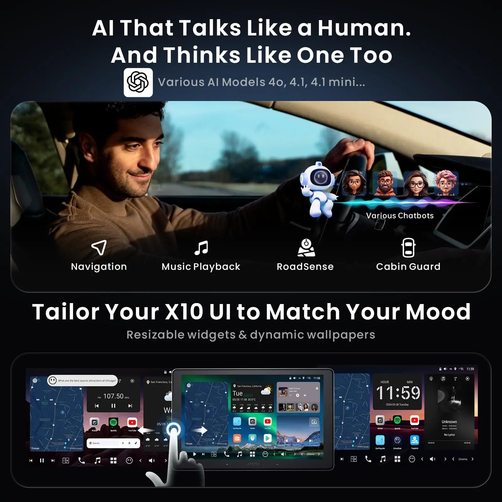 ATOTO X10G110E 10.1" Single & Double Din Radio 8-Core Android 13 with 1080P Dash Cam Front & Rear, OBD2 Scanner 5-in-1, Wireless CarPlay & Android Auto, 8+128G Floating QLED Touchscreen, ChatGPT AI - Image 6