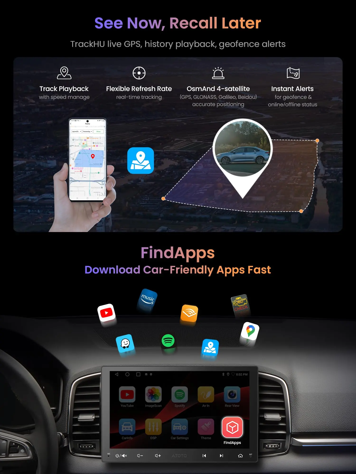 ATOTO A5LG209T 9" Android Double Din Car Stereo, Wireless Android Auto CarPlay Head Unit with WiFi BT USB, in-Dash GPS Navigation System, 1280 * 720P Touchscreen, AM/FM, 2+32G - Image 3
