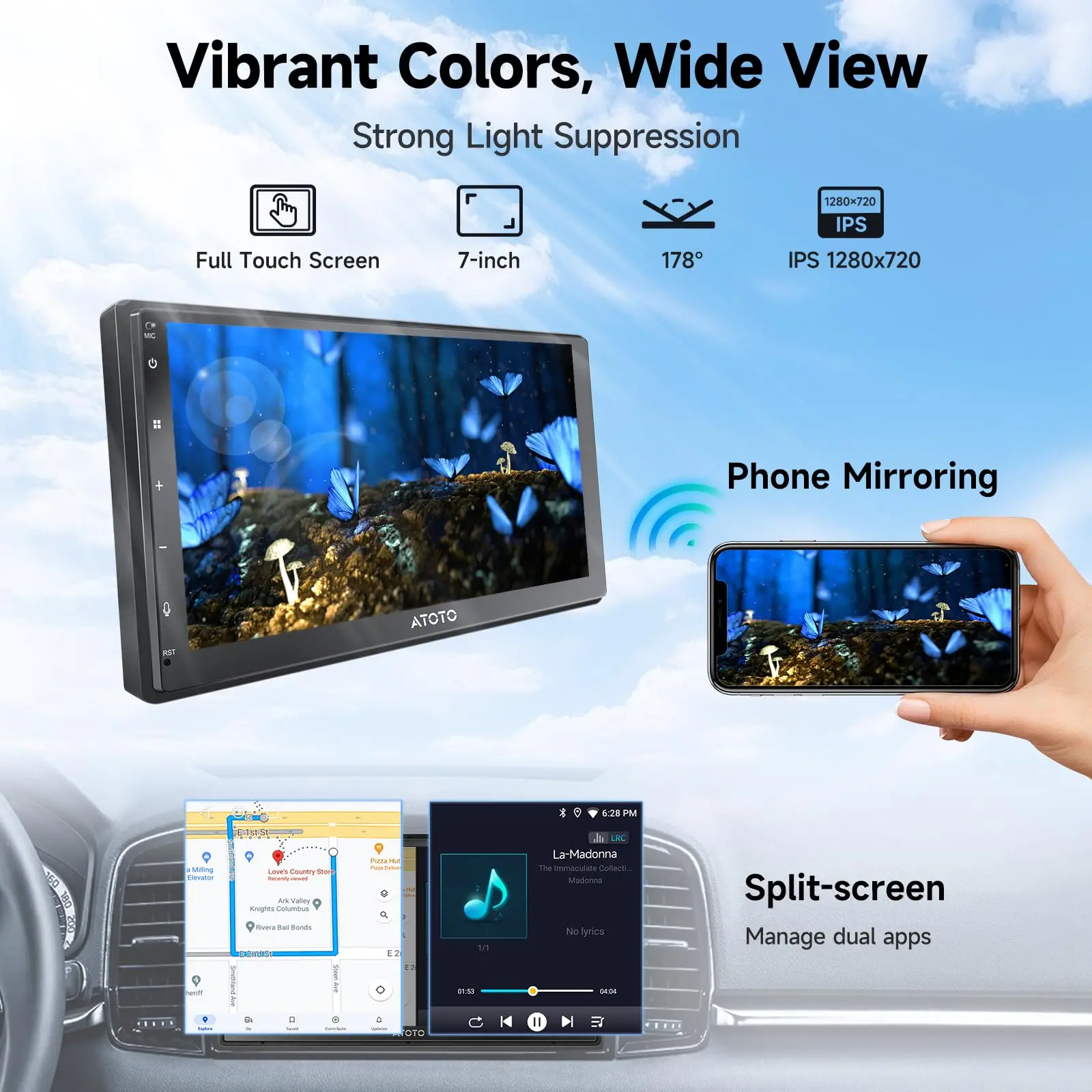 ATOTO A5LG2B7T 7" Double Din Car Stereo, HD Touchscreen, Wireless CarPlay & Android Auto, Bluetooth & WiFi, Built-in GPS Navigation, DSP Audio Technology, 2G+32G - Image 6