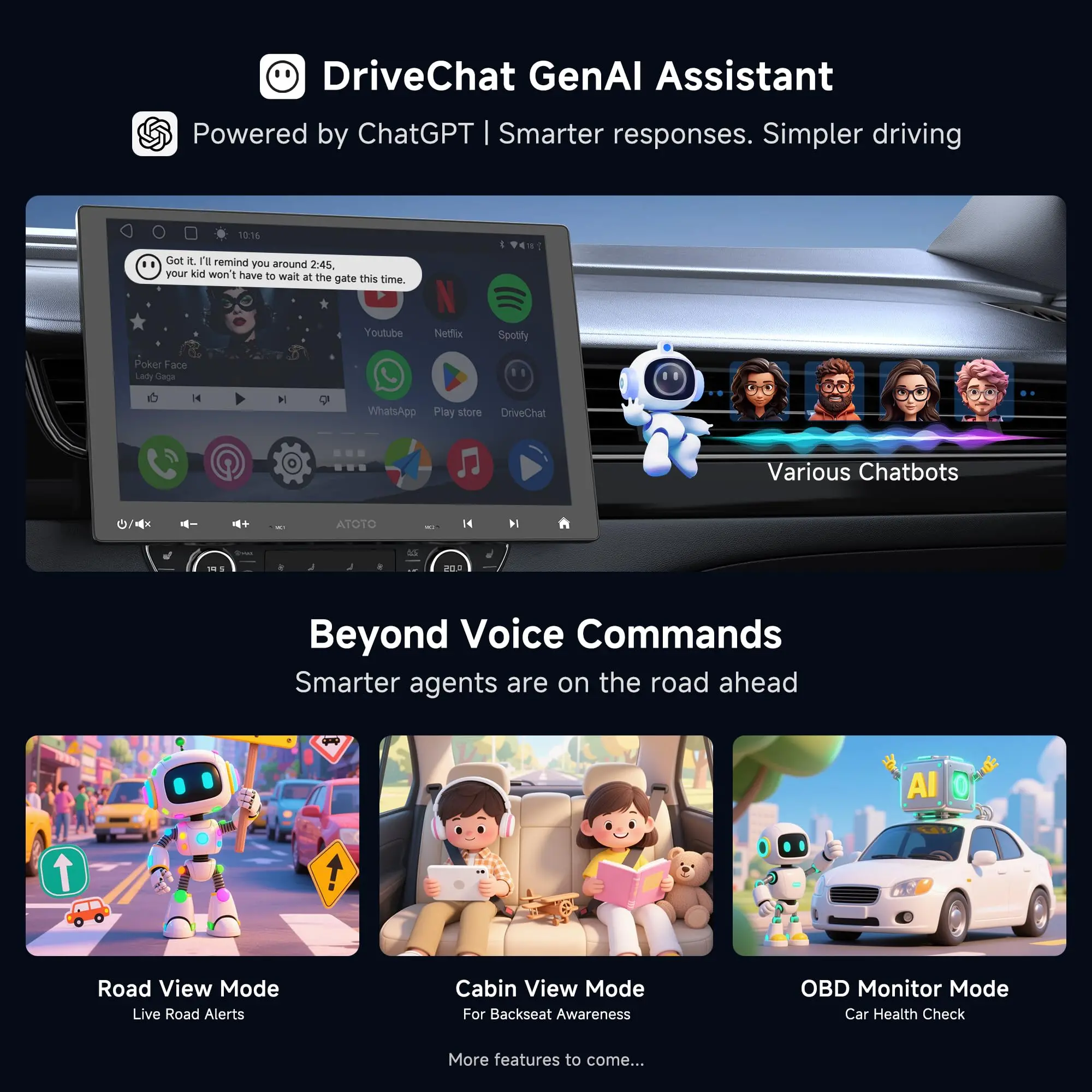 ATOTO A6G110PF 10.1" Bluetooth Radio for Car, 8-Core Android Single & Double Car Stereo, Wireless CarPlay & Android Auto, Floating QLED Touchscreen, 2+32G, ChatGPT, GPS Tracker, HD LRV, WiFi/BT/USB, Dual Bluetooth - Image 4