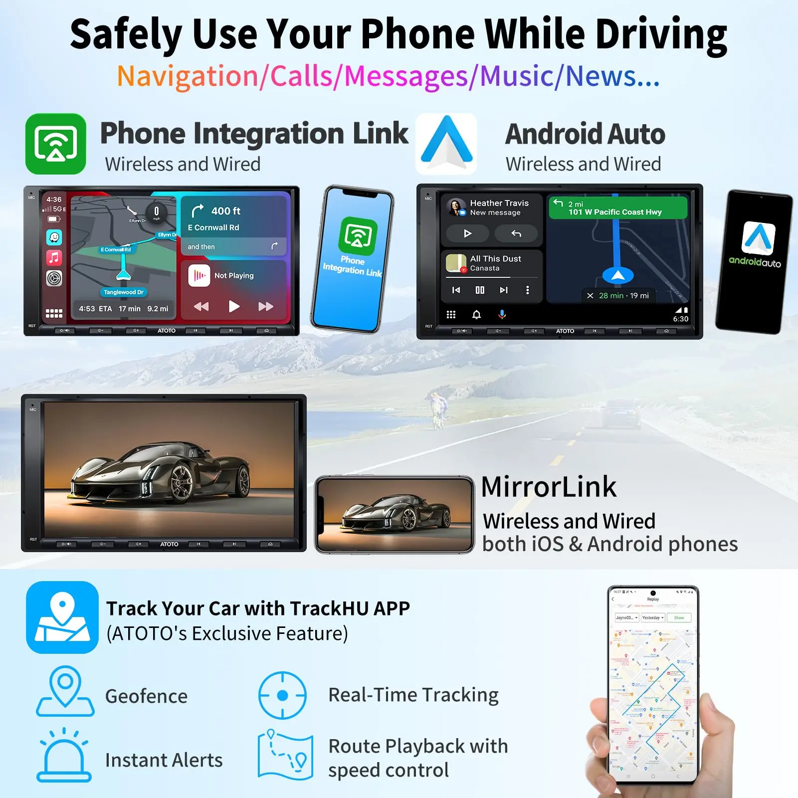 ATOTO A6G2A7PF 7" Double Din Car Stereo, Android, Wireless CarPlay & Android Auto, MirrorLink, GPS Tracking, HD LRV, 2G+32G, WiFi/Bluetooth/USB Tethering, Touchscreen Navigation - Image 4