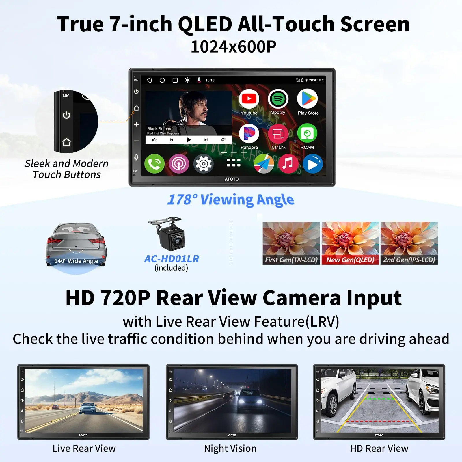 ATOTO A6G2B7PF 7" Double Din Car Stereo with Backup Camera & Mic, Android, Touchscreen, Wireless CarPlay & Android Auto, GPS Tracking, WiFi/Bluetooth/USB Tethering, HD LRV QLED - Image 3