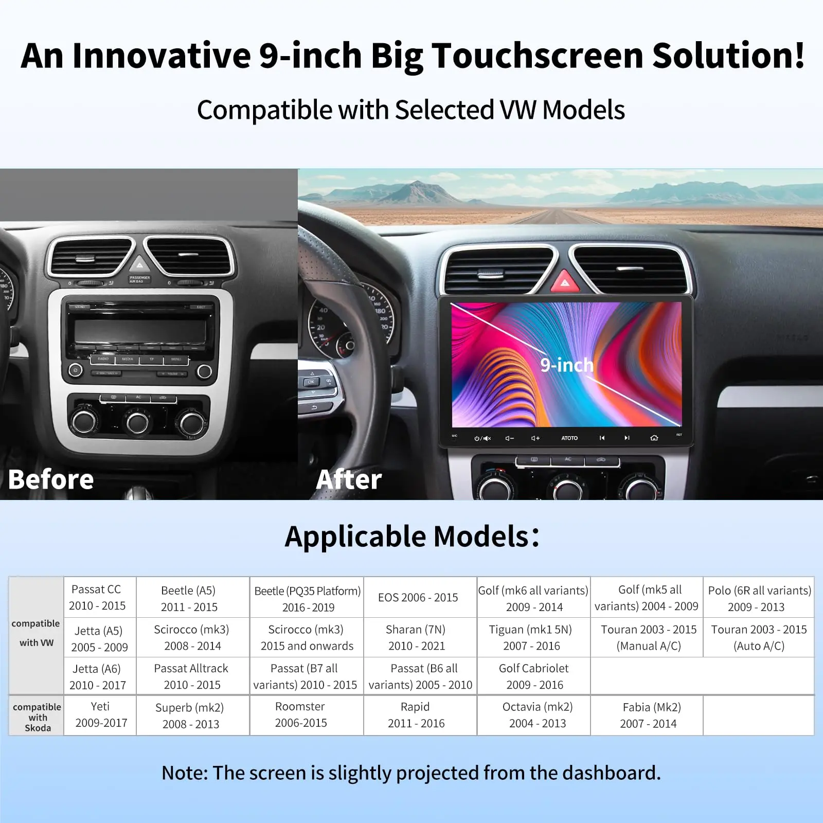 ATOTO A6VW09PF 9" Double Din Car Stereo, Android, Compatible with VW Volkswagen Jetta/Tiguan/Golf, Wireless CarPlay & Android Auto, Dual Bluetooth, GPS Tracking, HD LRV, 2G+32G - Image 3