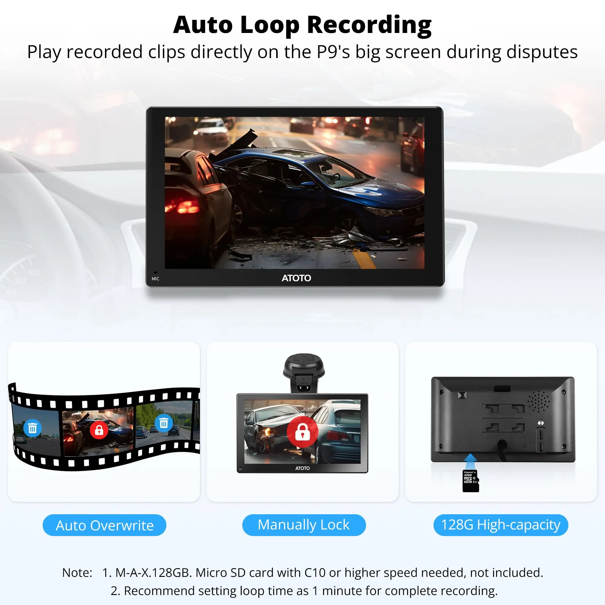 ATOTO AC-FCR02W Dashcam Full HD 1080P, 150° Weitwinkel, Nachtsicht & Lichtreduzierung, Bis 128GB, Exklusiv für ATOTO P9 Autoradios - Image 4