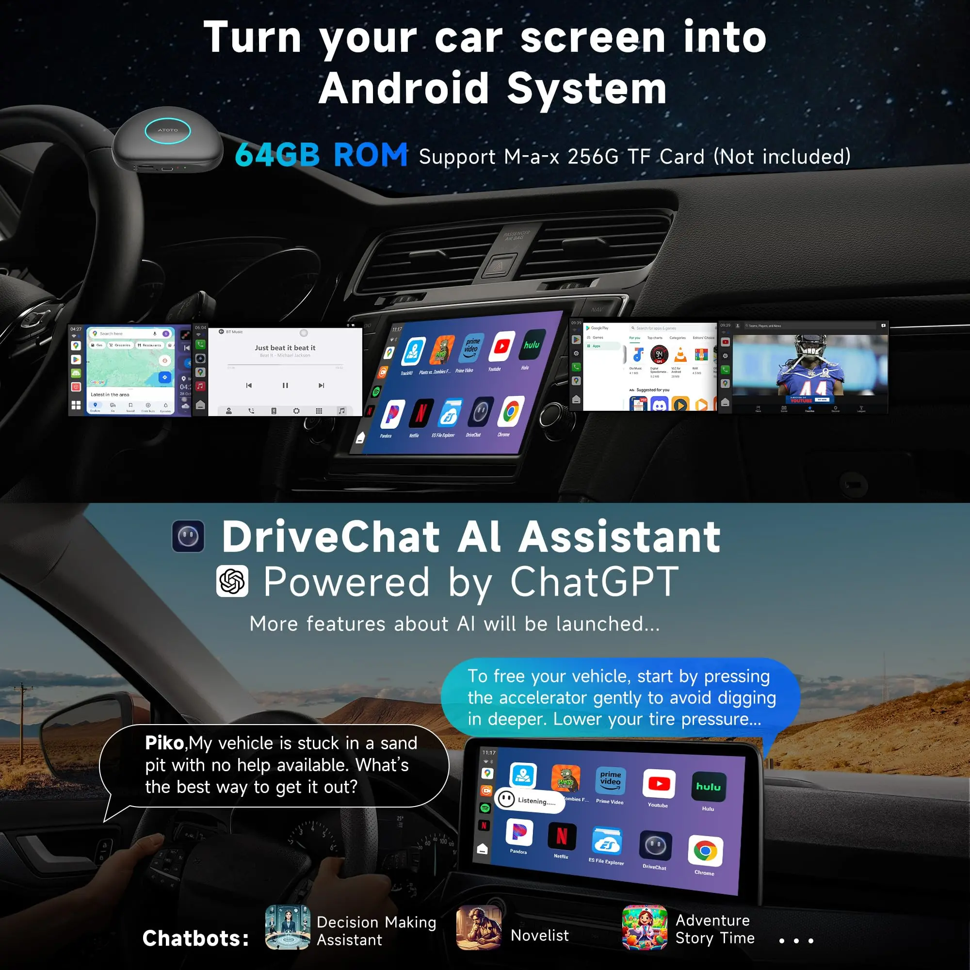 ATOTO CarWave CB6 AI Box Wireless CarPlay & Android Auto Adapter with 4G LTE, OBDII Scanner, Android OS, 4GB+64GB, Universal Car Stereo Upgrade, OTA Updates - Image 3