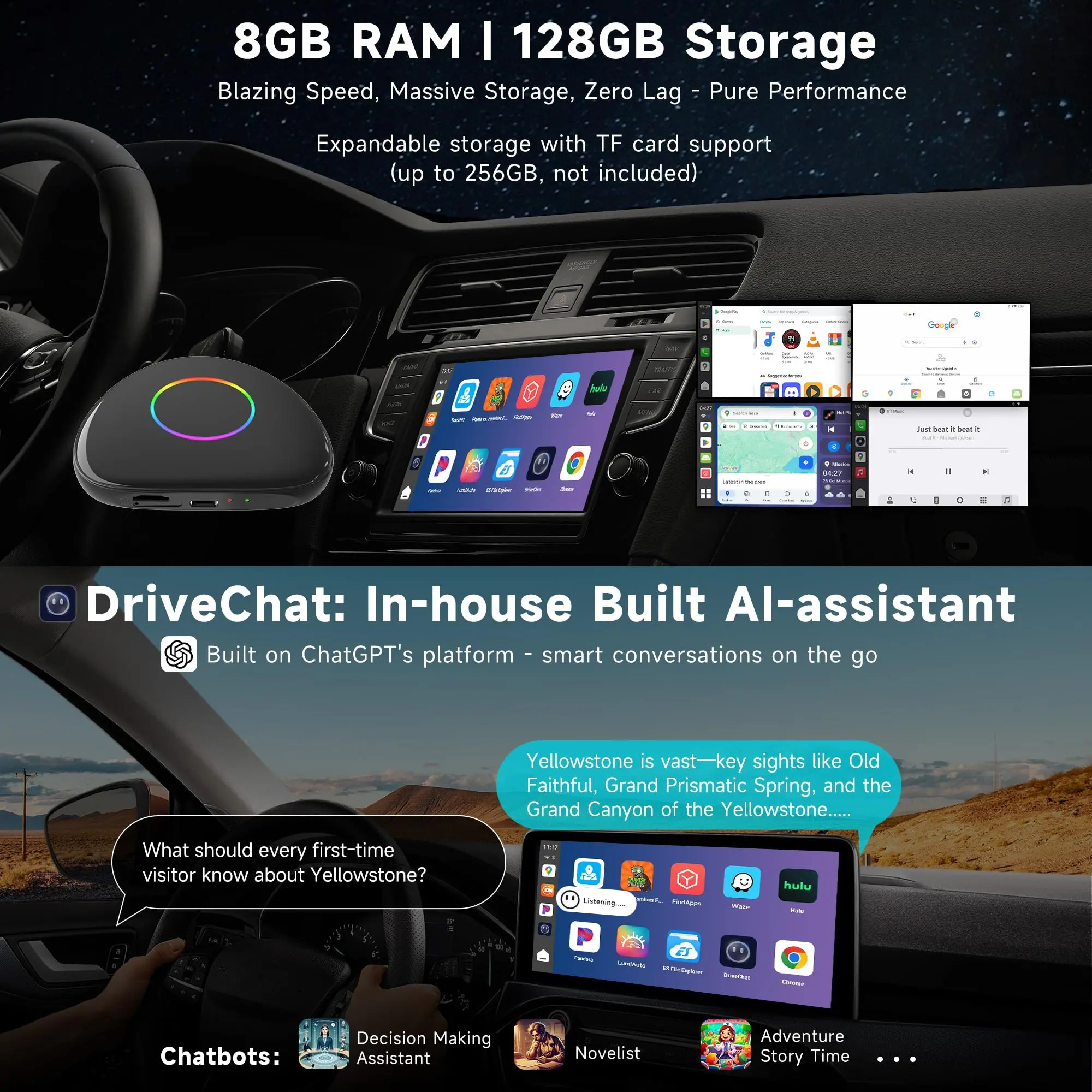 ATOTO CarWave CB6D wireless CarPlay adapter Magic Box CarPlay Video Box - Wireless CarPlay/Android Auto/Android 13 OS, 8GB+128GB, 4G LTE, WiFi, Dual Bluetooth, GPS, YouTube/Netflix Support, microSD, OTA, Black - Image 3