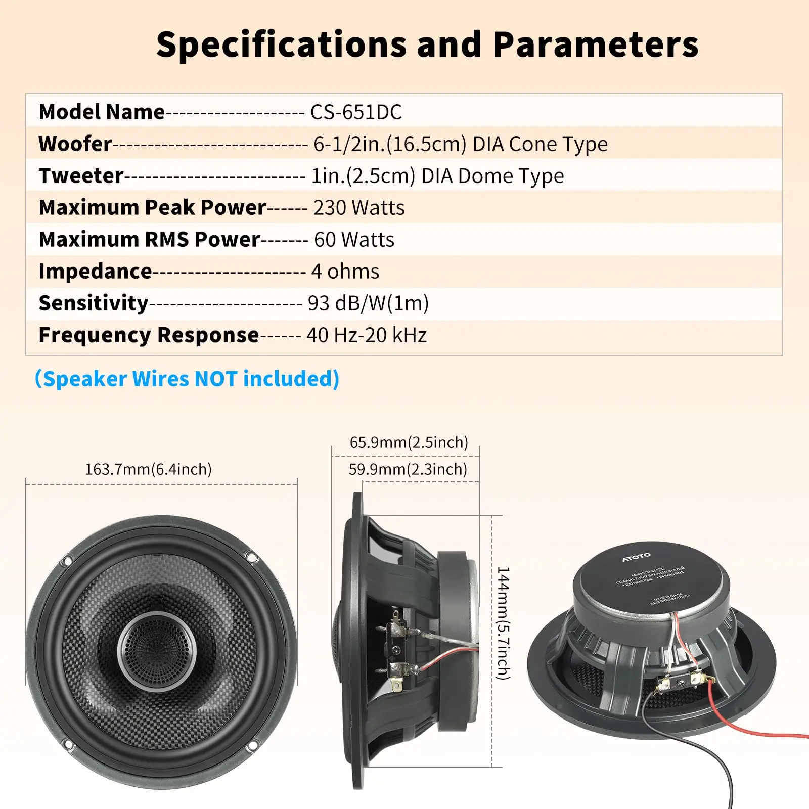 ATOTO CS-651DC 6.5" 2-Way Car Speakers - 230W Max (60W RMS), 4 Ohm, 16.5cm Woofer + 2.5cm Tweeter, Pair - Image 7