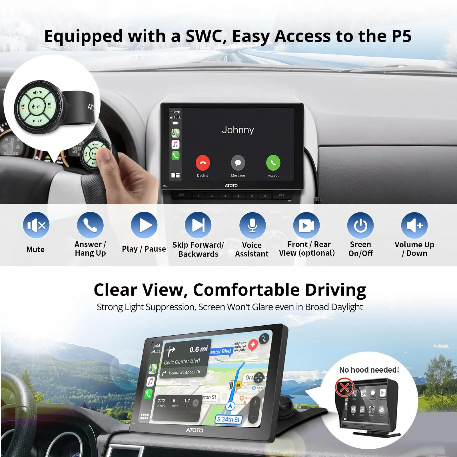 ATOTO P509SD 9″ QLED Portable CarPlay Screen with 1080P Backup Camera & Remote Control, Wireless CarPlay & Android Auto, GPS Navigation, MirrorLink & AUX/FM Output - Image 4