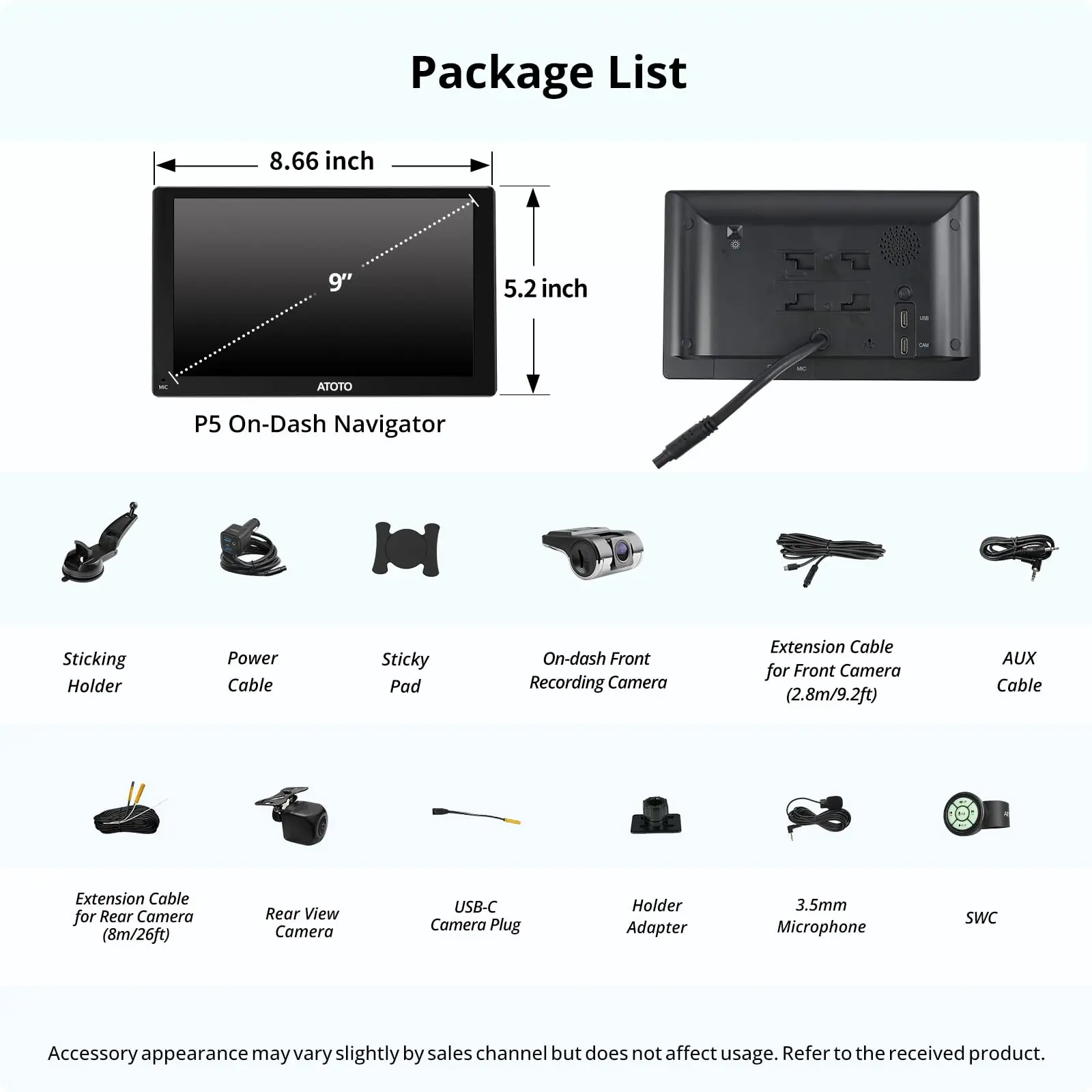 ATOTO P509SD 9″ QLED Portable CarPlay Screen with 1080P Backup Camera & Remote Control, Wireless CarPlay & Android Auto, GPS Navigation, MirrorLink & AUX/FM Output - Image 8