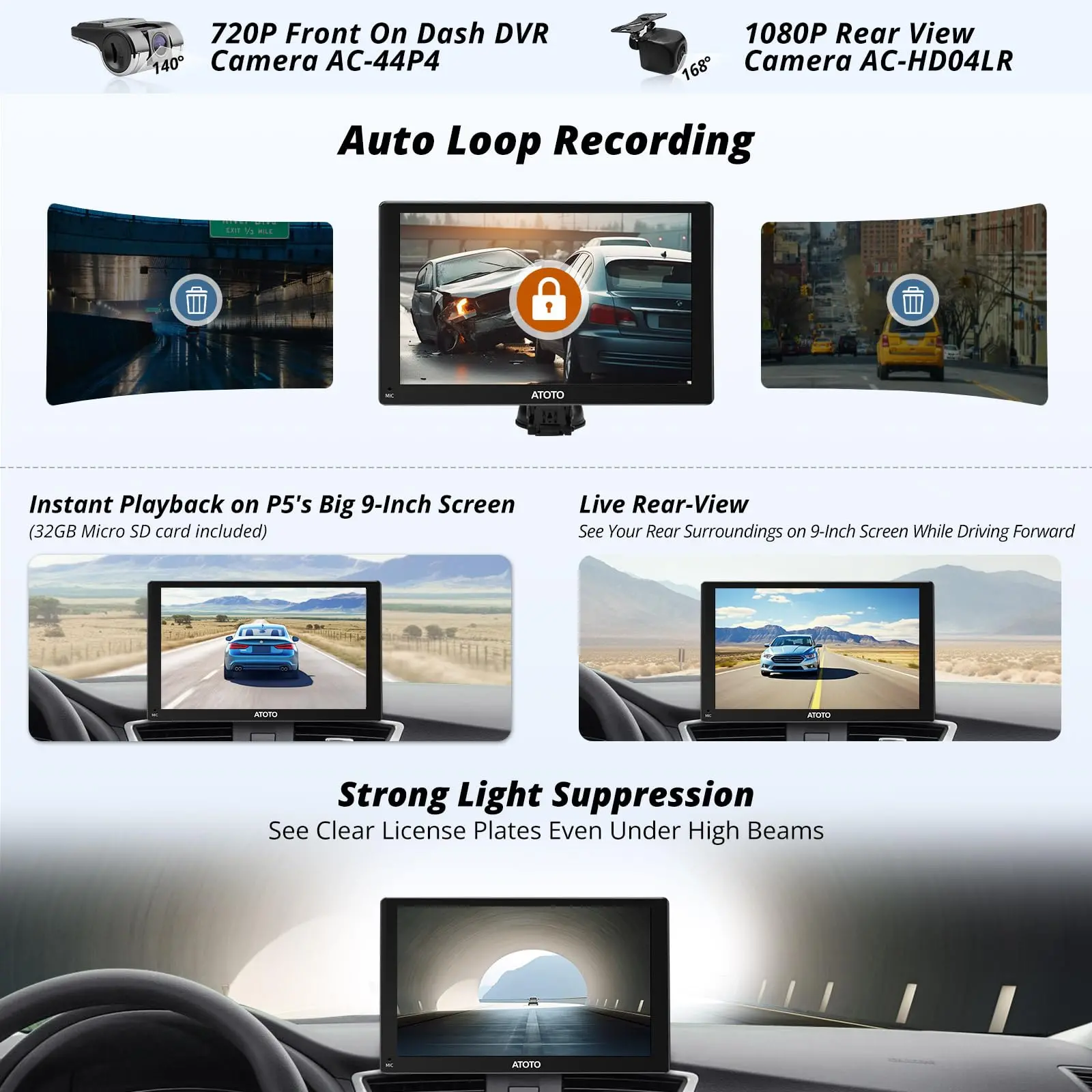 ATOTO P509SD 9'' Portable CarPlay Screen with Dash Cam, 1080p Backup Camera, CarPlay & Wireless Android Auto, Touch Screen,AUX/FM, SWC - Image 3