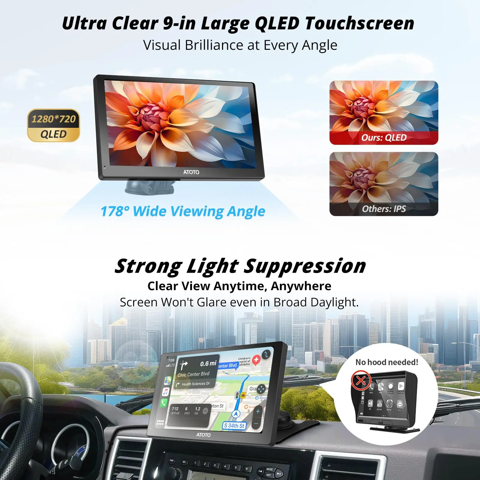 ATOTO P509SD 9" Portable CarPlay Screen with Remote Control – QLED Glare-Suppressing Touchscreen, Bluetooth & AUX/FM Output, MirrorLink, GPS Navigation - Image 5