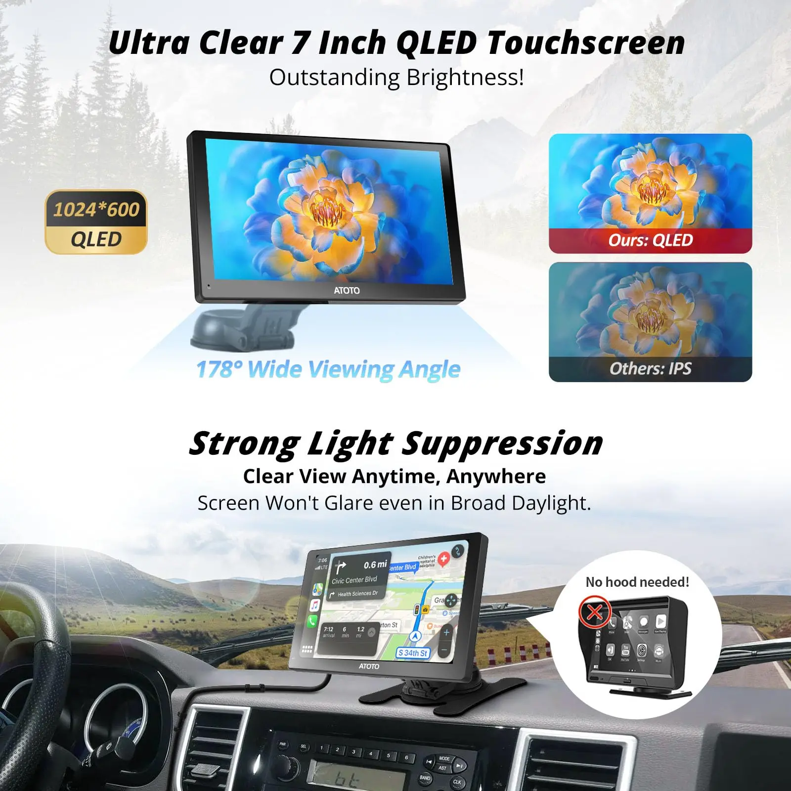 ATOTO P507SD 7″ Portable CarPlay Screen with Remote Control – QLED Touchscreen, Wireless CarPlay & Android Auto, Bluetooth, Auto-Dimmer, GPS Navigation, MirrorLink, AUX/FM/MIC - Image 5