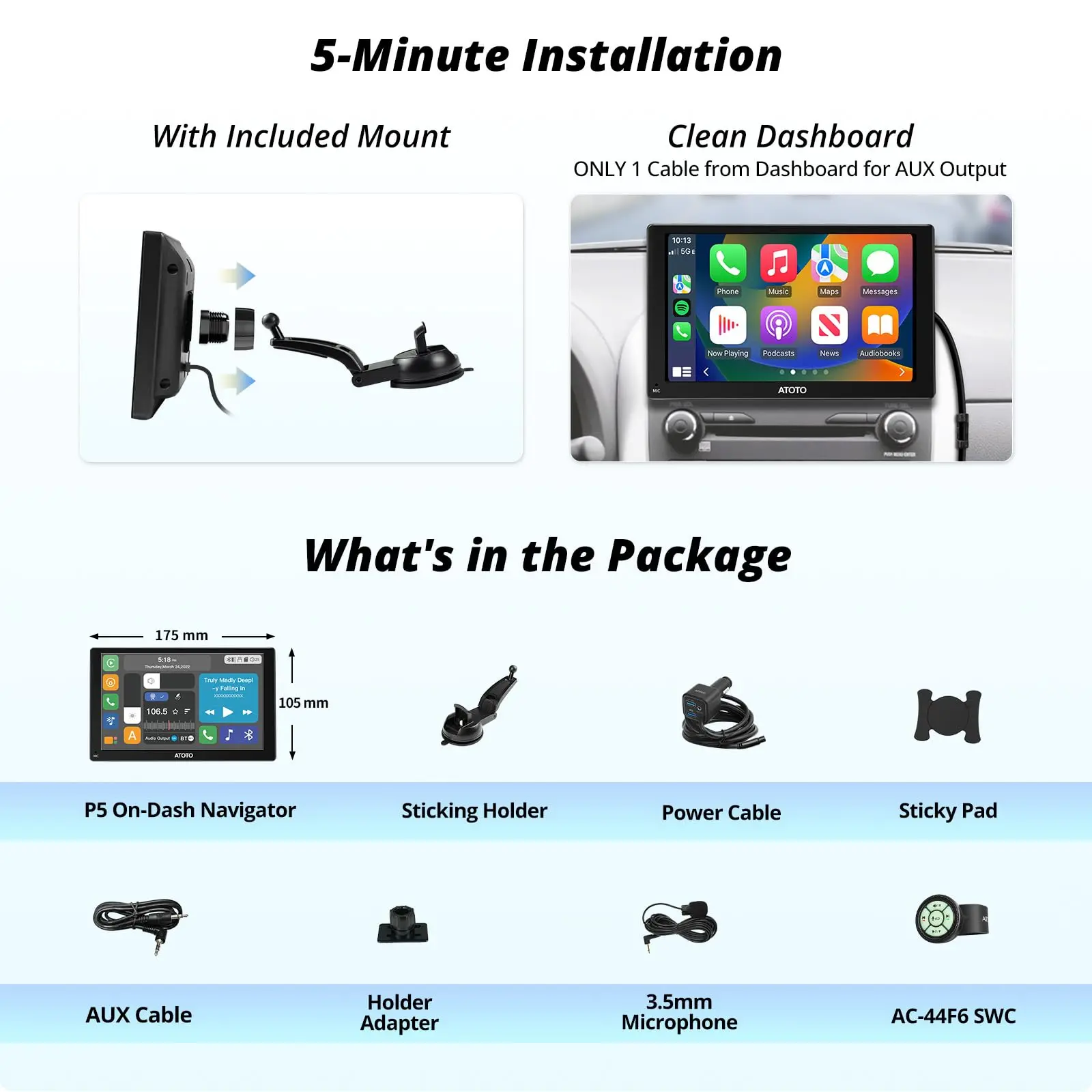 ATOTO P507SD 7″ Portable CarPlay Screen with Remote Control – QLED Touchscreen, Wireless CarPlay & Android Auto, Bluetooth, Auto-Dimmer, GPS Navigation, MirrorLink, AUX/FM/MIC - Image 7