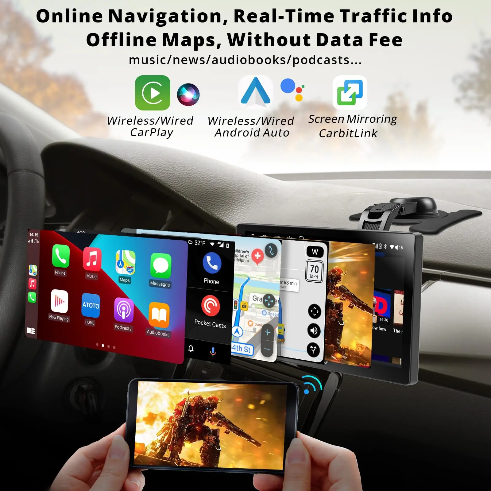 ATOTO 7" Portable Car Stereo with 1080P Front & Rear Cameras, QLED Display, Wireless CarPlay & Android Auto, 4G LTE, 4+32G, Dual Bluetooth, GPS Tracking, HDMI Input - Image 4
