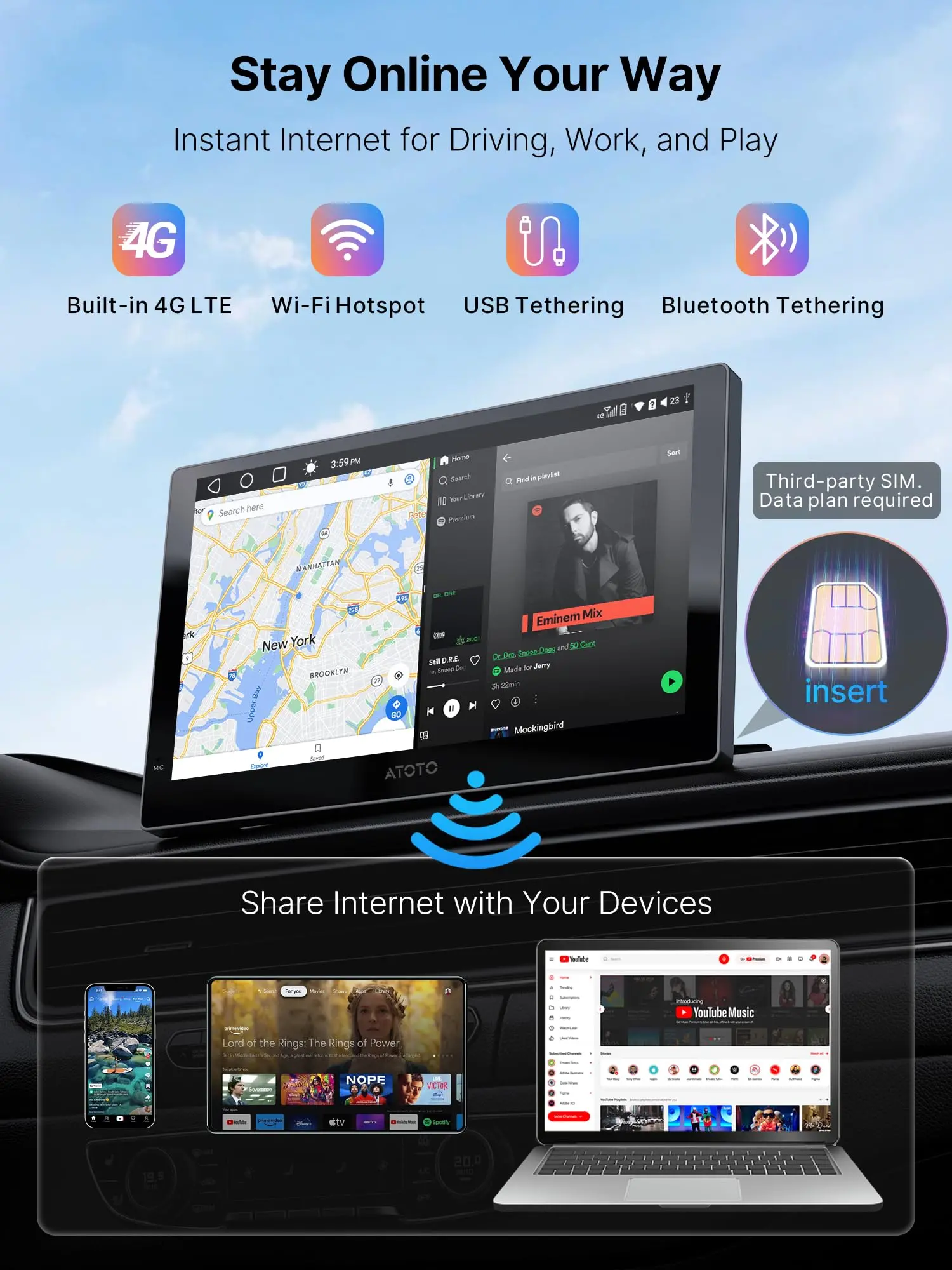 ATOTO P909PR1N-S3 9" QLED Portable Car Display – Dash Cam DVR & AHD Rear Camera Ready, Wireless CarPlay & Android Auto, Full Android, 4G LTE, Dual BT, AI Voice - Image 4