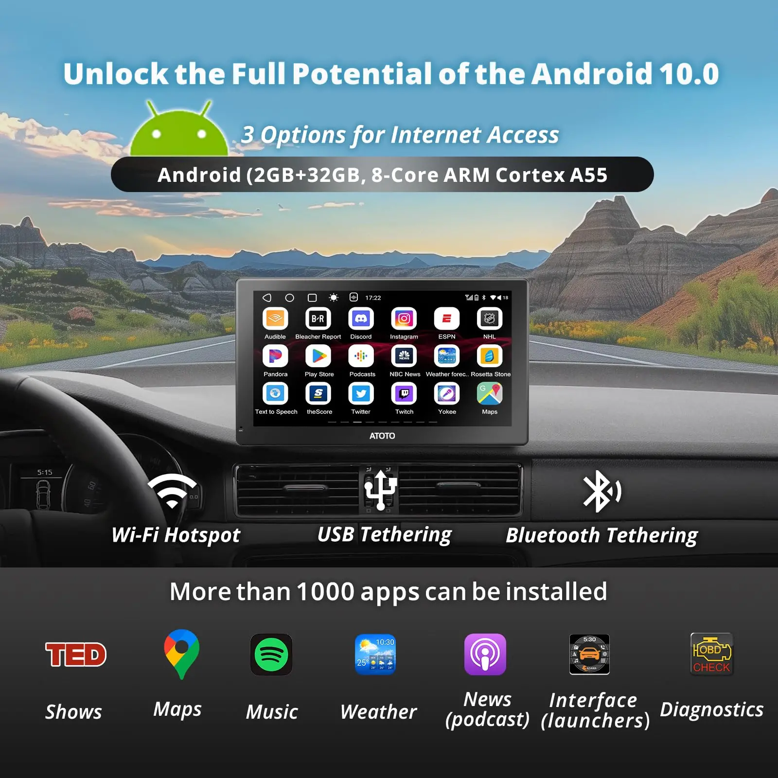ATOTO 9" Sat Nav, QLED Touchscreen, Wireless CarPlay & Android Auto, 2+32G, GPS Navigation, WiFi, Dual Bluetooth, Auto-Dimming, Steering Wheel Control - Image 3