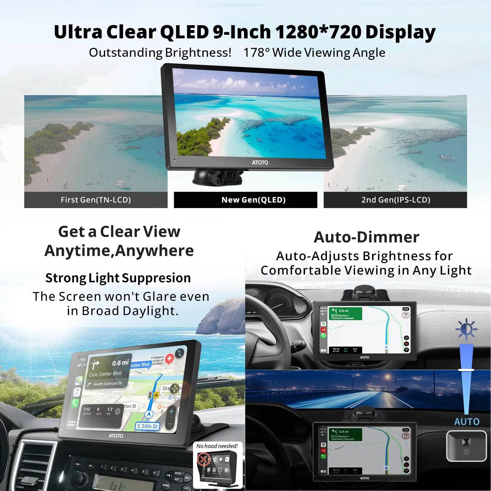ATOTO 9" Sat Nav, QLED Touchscreen, Wireless CarPlay & Android Auto, 2+32G, GPS Navigation, WiFi, Dual Bluetooth, Auto-Dimming, Steering Wheel Control - Image 6