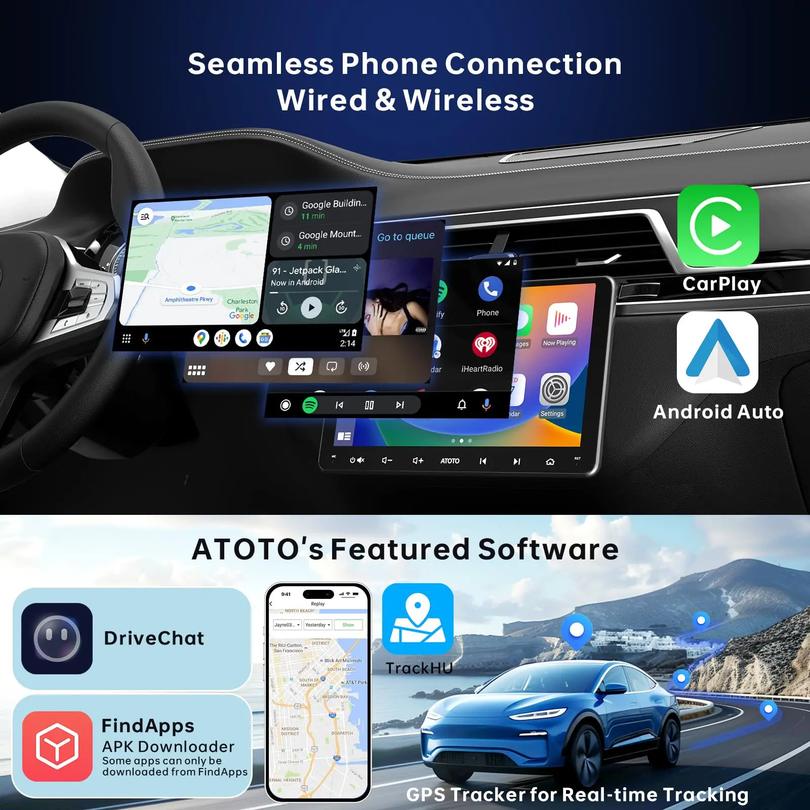 ATOTO A6G209PF 9" Android Double DIN Car Stereo with OBD, Wireless CarPlay & Android Auto, GPS, HD LRV, WiFi/BT, Dual Bluetooth, MirrorLink, 8-Core 2G+32G - Image 4