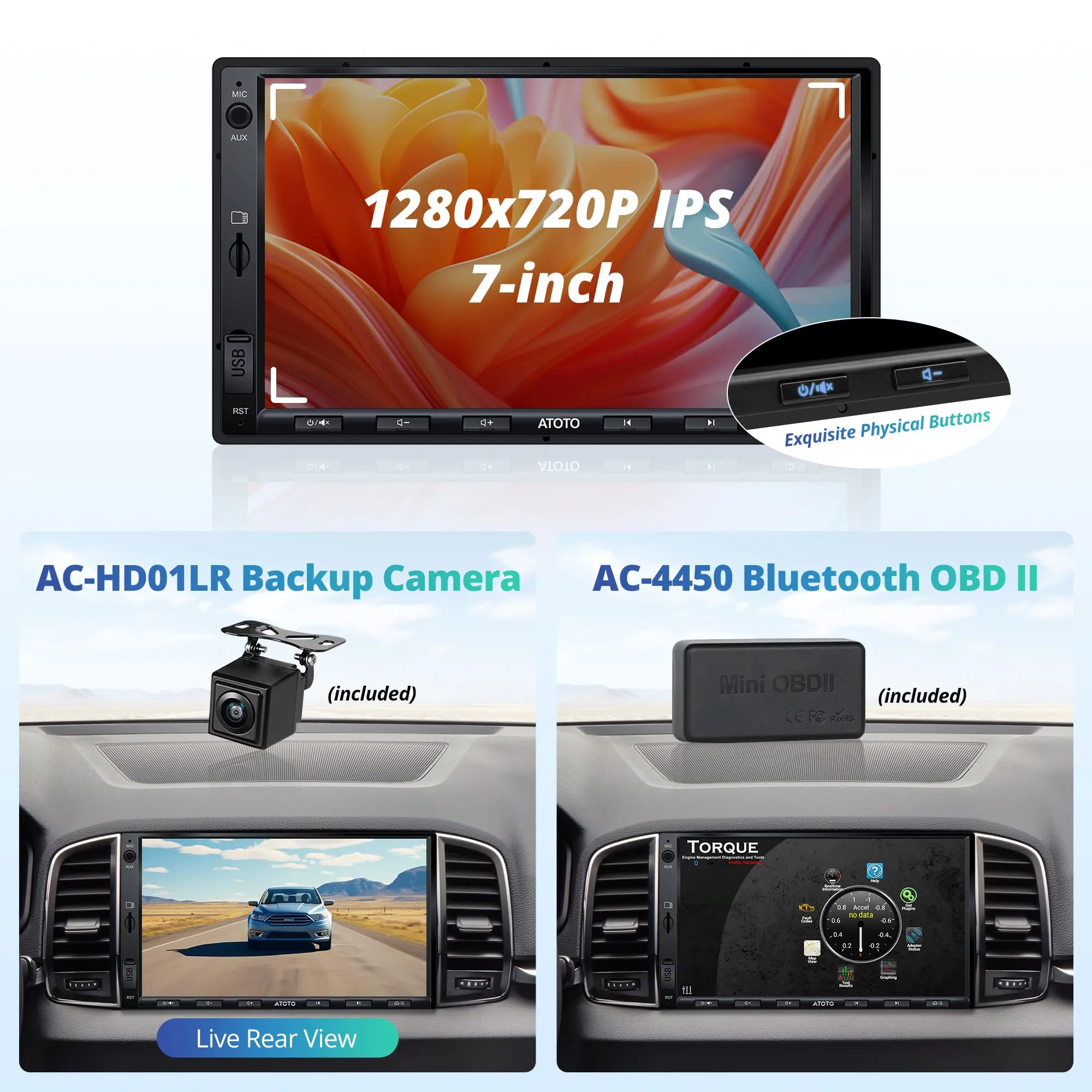 ATOTO A5LG2A7T 7" Double Din Car Stereo with Backup Camera, OBD2 Diagnostic, Wireless CarPlay & Android Auto, GPS, OBD2, Bluetooth, FM/AM/TF, 2G+32G - Image 4