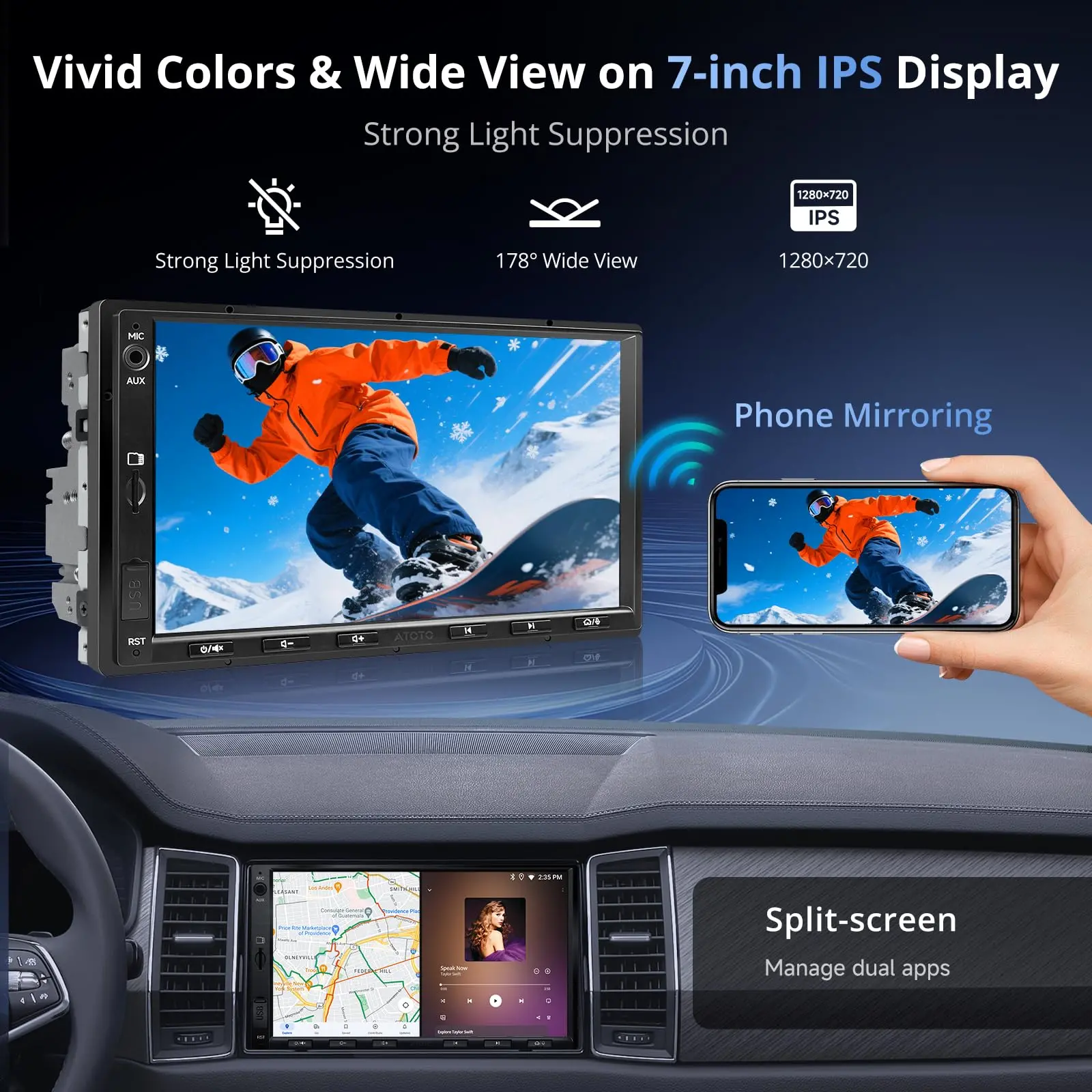 ATOTO A5LG2A7T 7" Android Double Din Car Stereo with Backup Camera, Wireless CarPlay & Android Auto, Wi-Fi/BT/USB Tethering, Built-in DSP, Bluetooth, PhoneLink, FM/AM/TF, 2G+32G - Image 4