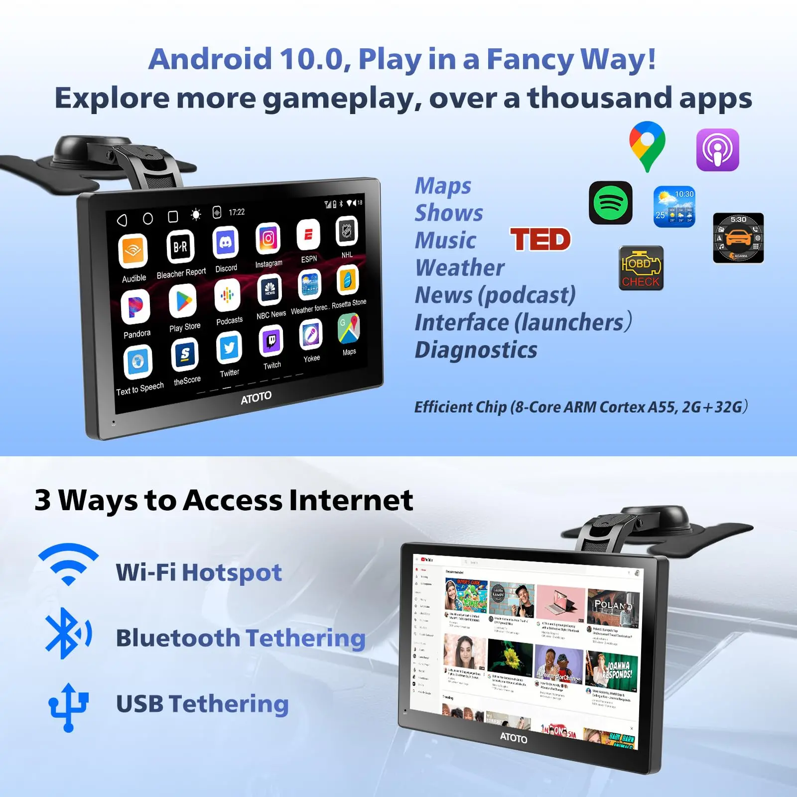 ATOTO 9" Portable Car Stereo with Front Dashcam, Wireless CarPlay & Android Auto, QLED Touchscreen, GPS Navigation, 4G LTE, Wi-Fi, ChatGPT, 4+32G - Image 3